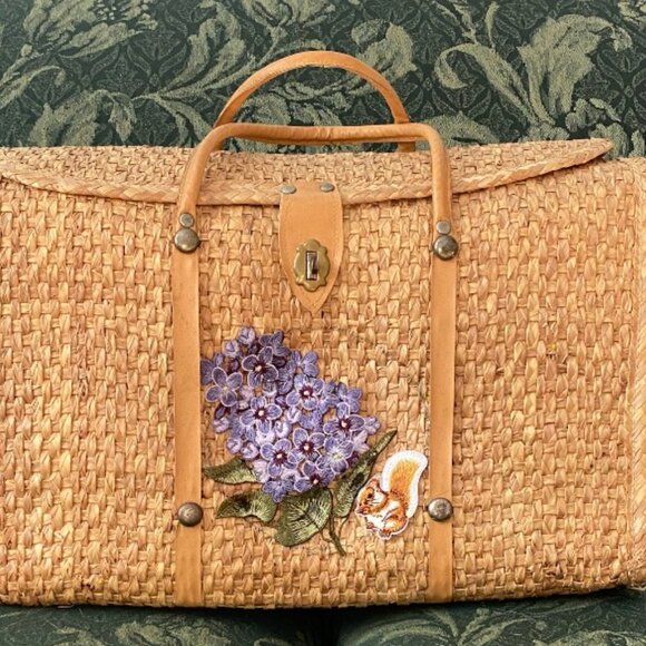 Vintage Flower 60s 70s Woven Grass Wicker Rattan Style XL Travel Bag Tote Market - Picture 5 of 5